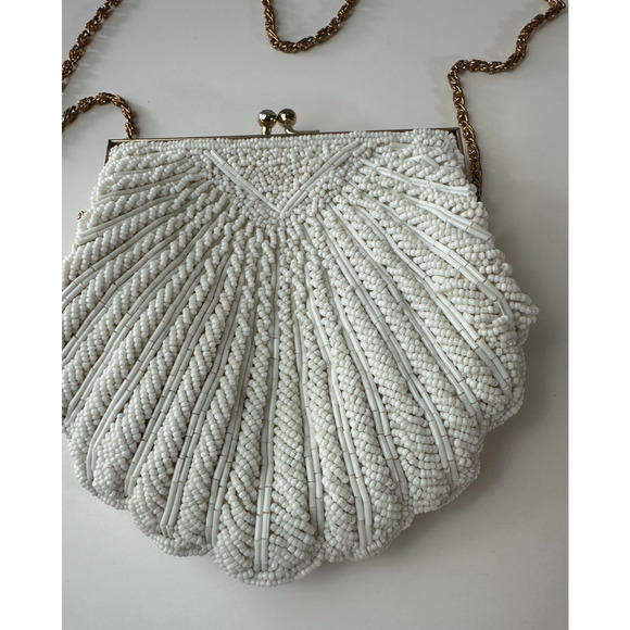 Vintage Walborg Mini Beaded Satin Clamshell Gatsby Purse Gold Color Chain Strap - Picture 3 of 13